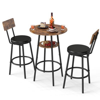Zevemomo 3 Pieces Round Bar Table Set, Small Dining Table for 2, with Storage, 2 Thickened Cushion Stools with Backrest for Dining Room, Bistro-Brown