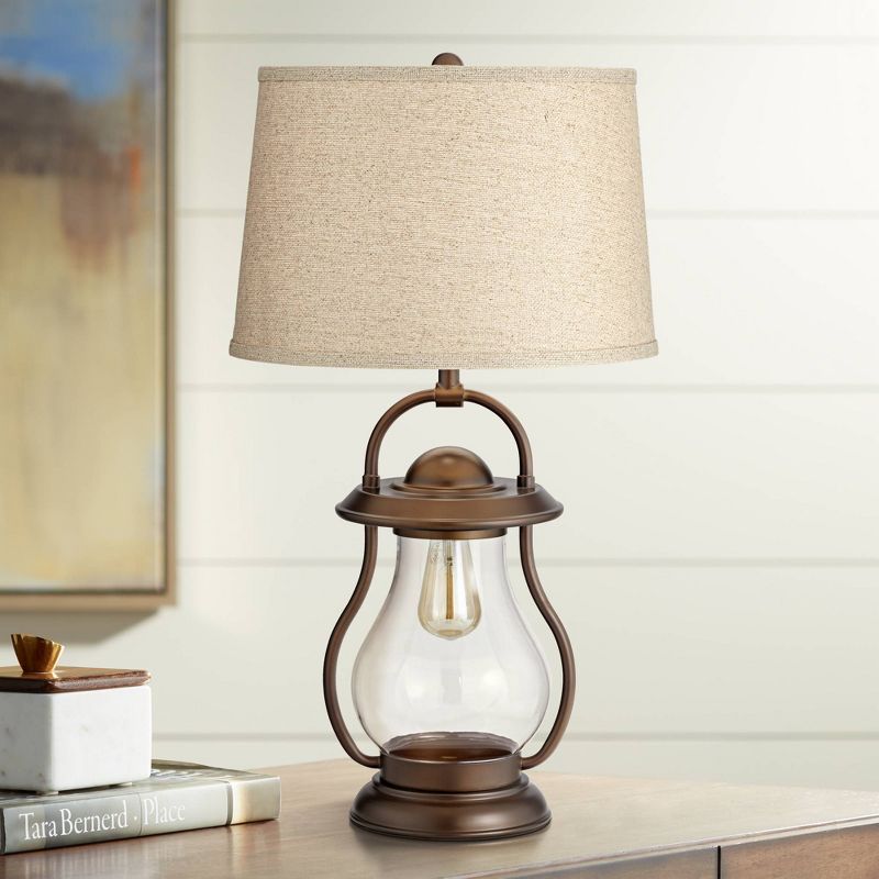 Franklin Iron Works Fredrik Rustic Industrial Table Lamp 27" Tall Bronze Lantern with LED Nightlight Burlap Drum Shade for Bedroom Bedside Office Home, 2 of 8