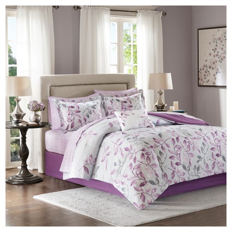 Madison Park Purple Rowan Complete Comforter Set (King): Madison Park, Hypoallergenic, Midweight, Floral Pattern, 9-Piece Bedding Set