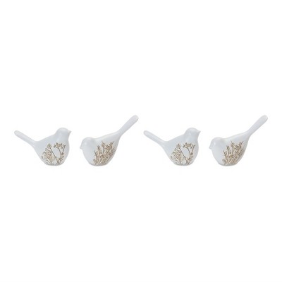 Set of 4 White Floral Etched Resin Bird Figurines