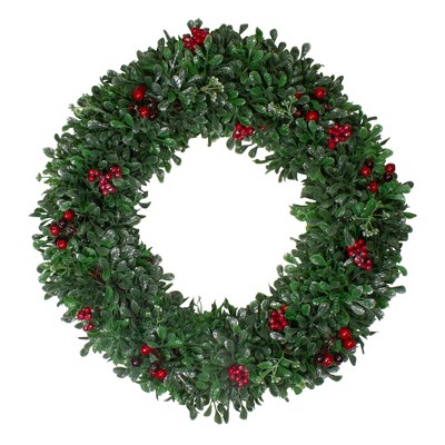  Northlight 20" Unlit Boxwood, Holly and Cranberry Artificial Christmas Wreath 