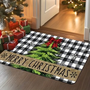 Lomsoe 1pc Black & White Checkered Christmas Door Mat with Red Bow & Green Tree - Plaid Snowflake Design, Front Door Christmas Gift. - 1 of 4