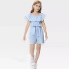 Girls Romper Flounce Squar Neck Belted Jumpsuit with Lace Trim Elastic Adjustbale Neckline Romper - 3 of 4