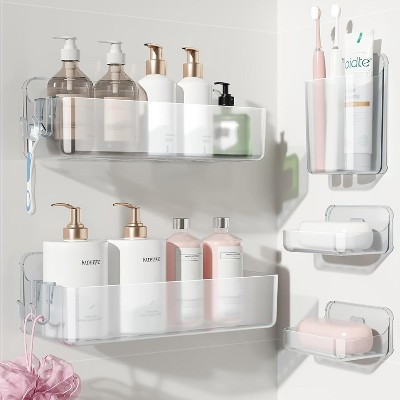 Attop Adhesive Wall Shelves, Shower Rack 5-Pack with Soap Holder, Bathroom Organizer, Clear