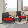 Tangkula 3 PCS Patio Wicker Rattan Furniture Set Coffee Table & 2 Rattan Chair w/ Cushion Red - 4 of 4
