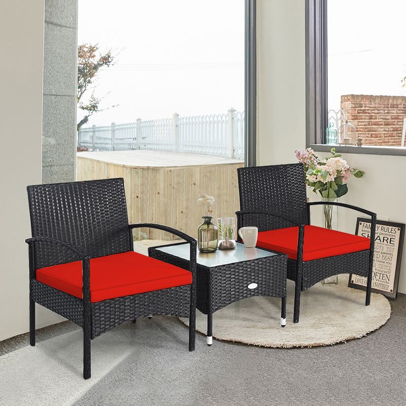 Tangkula 3 PCS Patio Wicker Rattan Furniture Set Coffee Table & 2 Rattan Chair w/ Cushion Red, 4 of 9