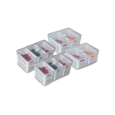 OU Fridge Organizer Bins with Drain Basket & Vented Lid, Clear Stackable Refrigerator Storage Container, Produce Kitchen Storage Bin, BPA Free