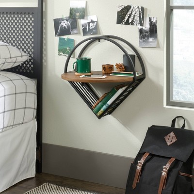 Black and Vintage Oak Wall-Mounted Hanging Nightstand with Flip-Down Shelf