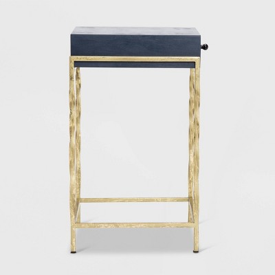 Navy Blue Mango Wood Accent Table with Gold Metal Frame
