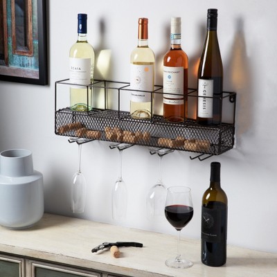 True Wall Mounted Wire Wine Rack with Cork Cage, Stemware Holder, Holds 5 Bottles & 4 Wine Glasses