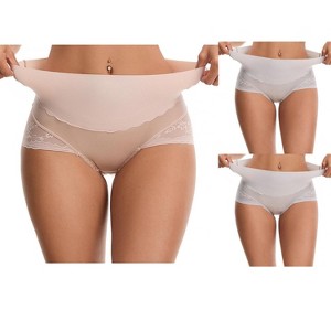 INSPIRE CHIC Women's Hi-Cut Satin High Waisted Lace Trimmed Tummy Control Underpants Briefs 3 Packs - 1 of 4
