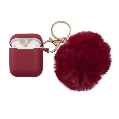 Insten Cute Case Compatible with AirPods 1 & 2 - Fluffy Pom Pom Protective Silicone Cover with Keychain, Wine Red