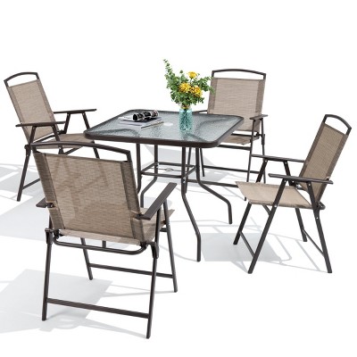 Crestlive Products 5 Piece Patio Dining Set with 4 Folding Chairs and Table Outdoor Dining Furniture with Square Glass Tabletop