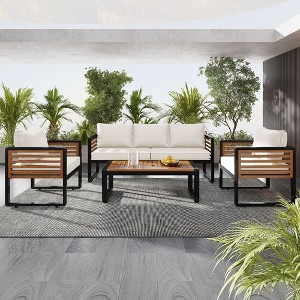 ELJGET 4-Piece Outdoor Furniture Set, Large Size Garden Sofa Set with Removable Cushion for 5 Person Conversation Set - 1 of 4