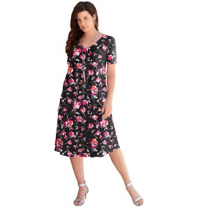 Roaman's Women's Plus Size Ultrasmooth V Neck Swing Dress - 1 of 4