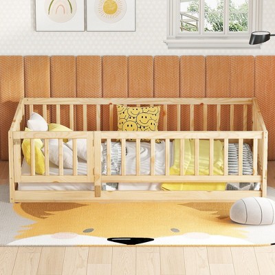 CAVINAS Twin Size Wood Montessori Bed,Modern Floor Bed with Fence and Door,Toddler Bed for Bedroom,Natural