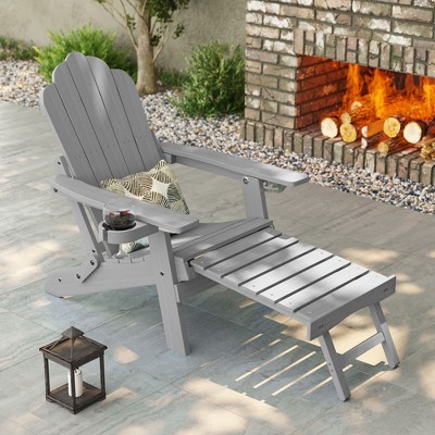 Sonkuki Folding Adirondack Chair with Retractable Ottoman, Fire Pit Patio Chair with Cup Holder Lawn Outdoor Lounge Chair