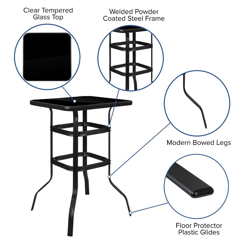 Emma and Oliver 3 Piece Outdoor Bar Height Set-Glass Patio Bar Table-Black All-Weather Barstools, 5 of 13