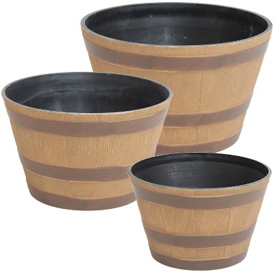 Sunnydaze Modern Decorative Resin Rustic Cask Outdoor Planter - 13", 15" and 17" Diameter - 3-Piece Set