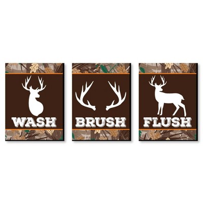 Big Dot of Happiness Gone Hunting - Kids Bathroom Rules Wall Art - 7.5 x 10 inches - Set of 3 Signs - Wash, Brush, Flush