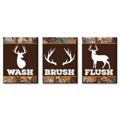 Big Dot of Happiness Gone Hunting - Kids Bathroom Rules Wall Art - 7.5 x 10 inches - Set of 3 Signs - Wash, Brush, Flush