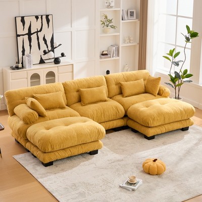 118" Velvet U-Shaped Cloud Modular Sectional Sofa with 2 Ottomans & Bolster Pillows, Comfy Deep Seat Couch for Living Room, No Tools Needed