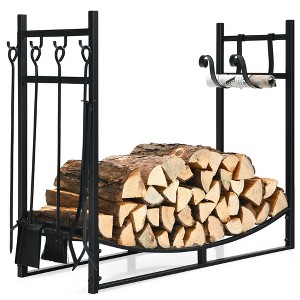 Costway 36'' Fireplace Log Rack W/ 4 Tool Set Kindling Holders for Indoor Outdoor - 1 of 4