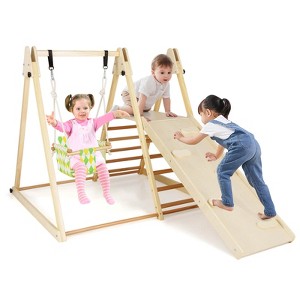 Costway 4-in-1 Indoor Jungle Gym with Baby Swing, Climber, Ladder and Resting Platform Natural/Yellow - 1 of 4