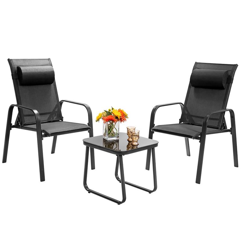 Costway 3PCS Patio Bistro Furniture Set Adjustable Back Stackable Chairs Brown\Black, 3 of 11
