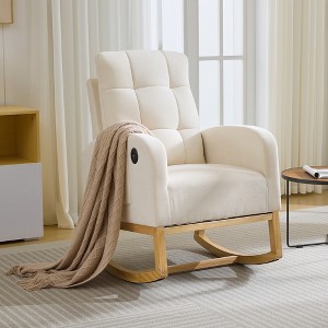 Nursery Rocking Chair - Linen/Teddy Upholstered Glider Rocker with Side Pocket, Footrest, High Back Nursing Chair, Modern Accent Armchair - 1 of 4