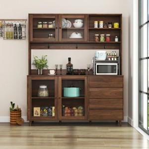 Yukimo 75"H Large Kitchen Hutch Cabinet, Freestanding Pantry Cabinet with 4 Doors, 4 Drawers & Microwave Shelf, Walnut - 1 of 4