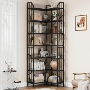 86" L-Shaped 7-Tier Corner Bookshelf with beaded design. Tall display rack for living room or bedroom. - 1 of 4