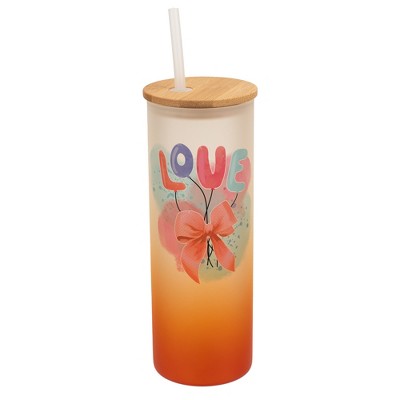 Elanze Designs 25 Ounce Frosted Glass Gradient Travel Tumbler With Straw and Wooden Lid, Love Balloons Orange