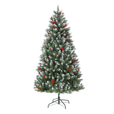 Artificial Christmas Tree with Pine Cones and Berries, Metal Stand, Hinged Branches for Holiday Decor, Green