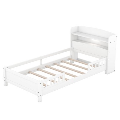 NicBex Full/Twin Size Platform Bed with Storage Headboard,Built-in LED Lights and Guardrail for Adults/Boys/Girls