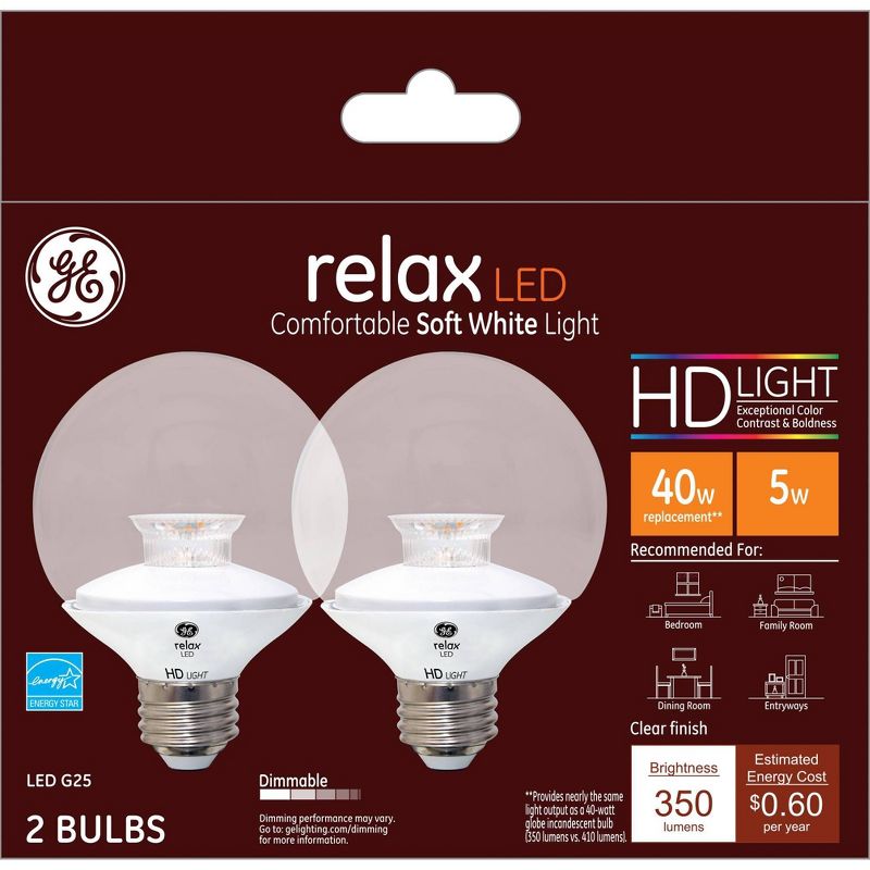 GE 2pk 4.5W 40W Equivalent Relax LED HD Globe Light Bulbs Soft White, 1 of 6