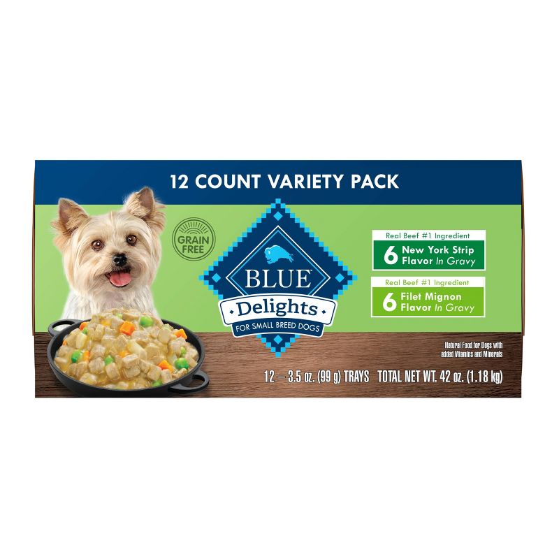 Blue Buffalo Delights Natural Adult Small Breed Wet Dog Food Cups Variety Pack In Hearty Gravy, Filet Mignon Beef &#38; New York Strip - 3.5oz/12ct, 3 of 7