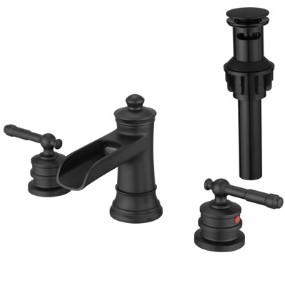 ALEXOUN  Bathroom Faucets for Sink 3 Hole Black 8 inch Widespread Bathroom Sink Faucet with Pop Up Drain Double Lever Handle Faucet