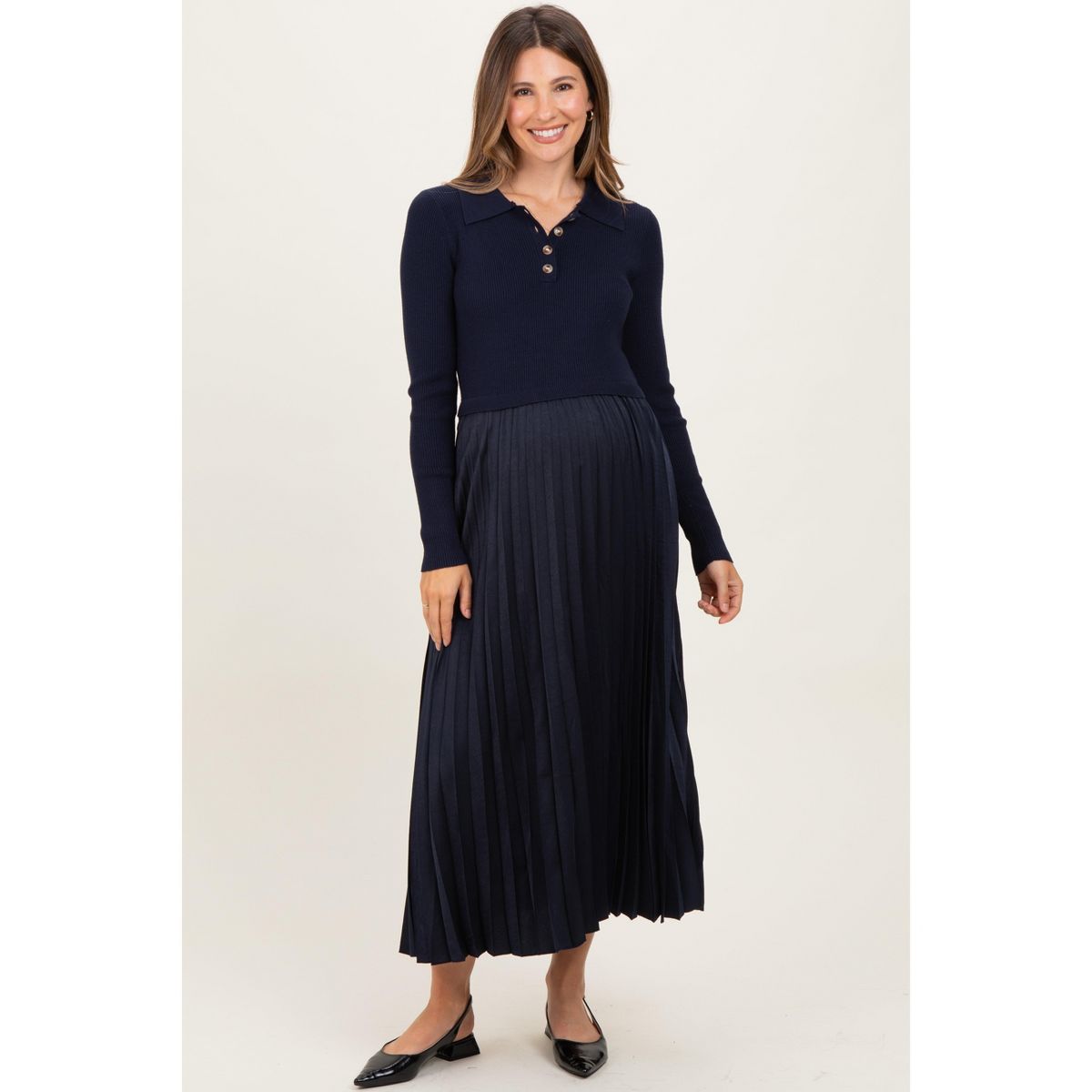 Pinkblush Navy Collared Knit Contrast Pleated Skirt Maternity Midi Dress