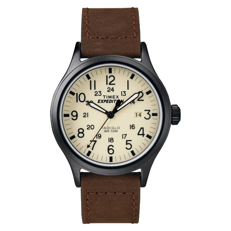 Men&#39;s Timex Expedition Scout Watch with Leather Strap - Black/Brown T49963JT, 1 of 4