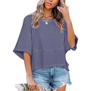 Imily Bela Women's Half Sleeve T-Shirts Solid Color Loose Flowy Tops T-shirt - 1 of 3