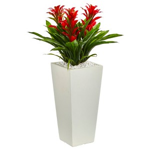 Nearly Natural Triple Bromeliad Artificial Plant in White Tower Planter, Red - 1 of 4