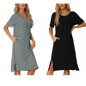 INSPIRE CHIC Women's 2 Pcs Split Hem Pajama Dress Casual V-Neck Short-Sleeve T-Shirt Dress Midi Nightshirt - 1 of 4