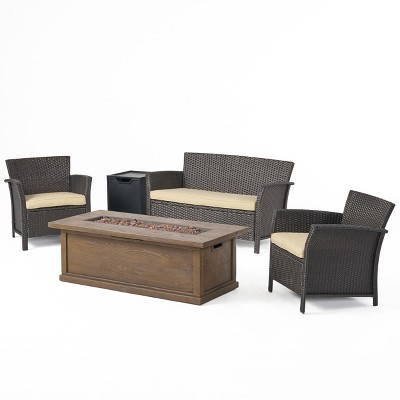 Christopher Knight Home Lucia Outdoor Wicker and Iron 4 Seater Chat Set with Fire Pit