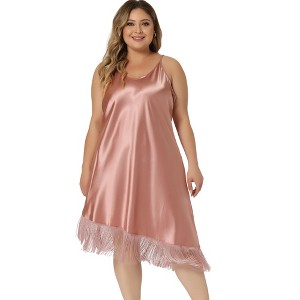 cheibear Women's Satin Sleeveless Tassel Hem Nightgown Cami Dress Nightgown - 1 of 4