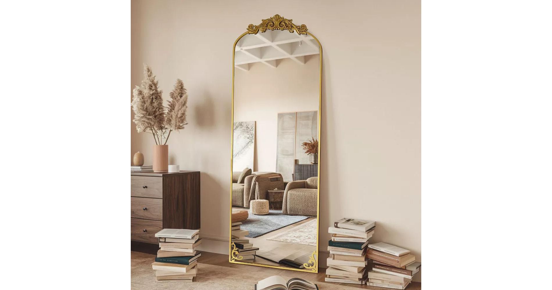 65"x22"  Arched Full Length Mirror Metal Vintage Mirror Baroque Style,Antique Gold