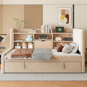 Whisen Space-Saving Twin Daybed with Trundle, Storage Shelves, USB & Power Outlet - 1 of 4