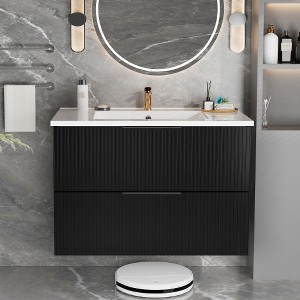 Lyngins 36" Floating Wall-Mounted Bathroom Vanity with Ceramic Sink, Modern Bathroom Fluted Vanity with Storage Cabinet – 2 Large Drawers, Matt Black - 1 of 4
