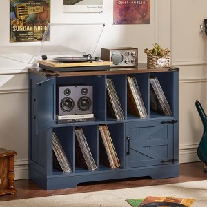 Vinyl Record Storage Cabinet for 450 Albums - 39" Farmhouse Turntable Stand with Barn Doors, Mid-Century Modern Style in Navy Blue - 1 of 4