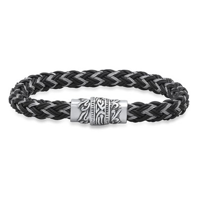 Steeltime Men's stainless steel and black leather braided leather with magnetic clasp